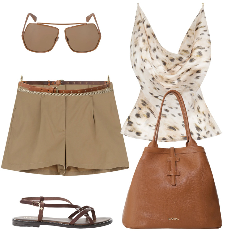 Outfit donna - Shorts e top Please. Stile Casual per Tutti i giorni. Abbinamento con shorts, top, borse tote, sandali, cinture, occhiali da sole.