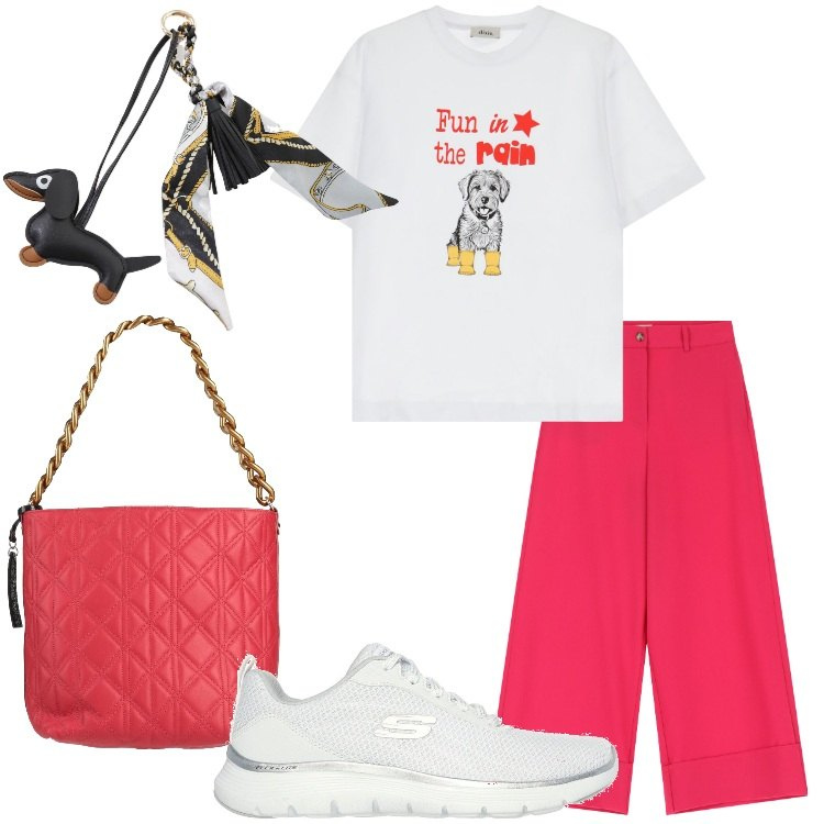 Outfit donna - Rosso vivace. Stile Casual per Scuola/Università. Abbinamento con borse a mano, pantaloni a palazzo, t-shirt, portachiavi, sneakers.