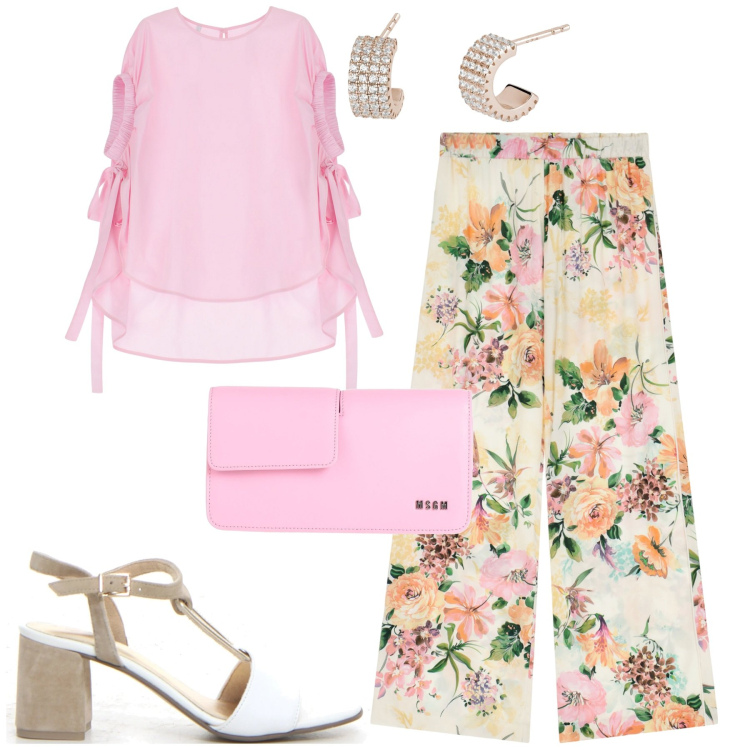 Outfit donna - Rosa confetto. Stile Urban per Tutti i giorni. Abbinamento con borse a mano, orecchini, camicie a manica corta, pantaloni a palazzo, sandali col tacco.