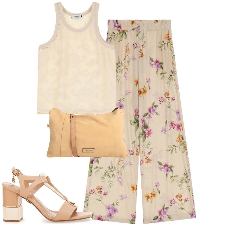 Outfit donna - City. Stile Urban per Tutti i giorni. Abbinamento con borse a tracolla, pantaloni, top, sandali col tacco.