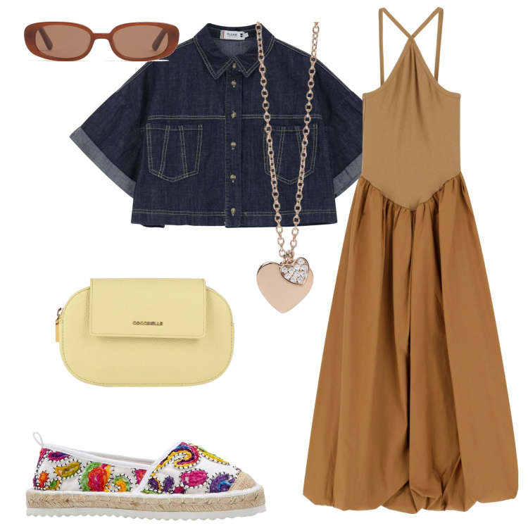 Outfit donna - Abito lungo in marrone e jeans. Stile Casual per Tutti i giorni. Abbinamento con espadrillas, borse a mano, ciondoli, blazer, vestiti lunghi, occhiali da sole.