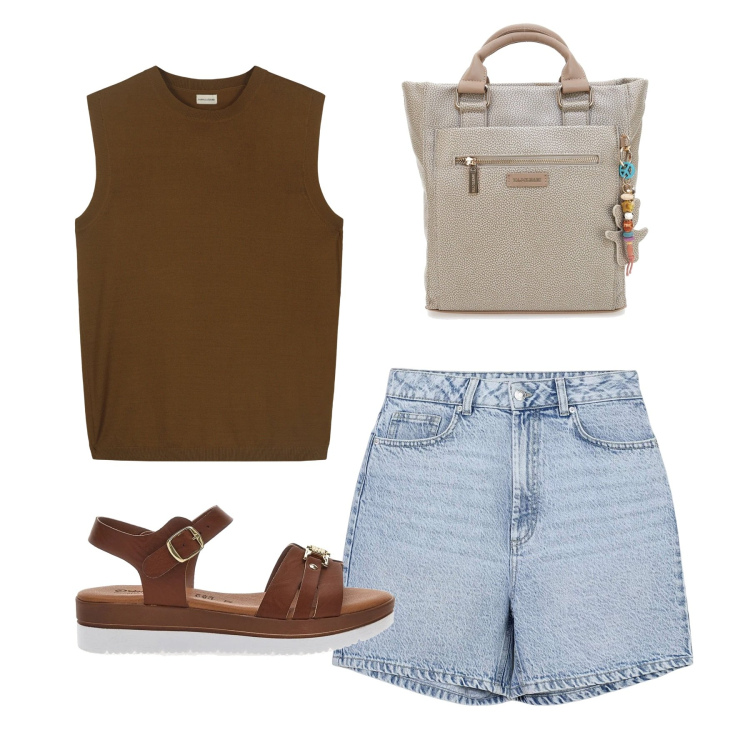 Outfit donna - Chocolat. Stile Casual per Tutti i giorni. Abbinamento con bermuda, sandali, maglieria, zaini.