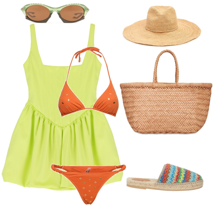 Outfit donna - Al mare !!!. Stile Sporty chic per Mare. look ideale per Petite. Abbinamento con espadrillas, vestiti corti, cappelli, shopping bag, occhiali da sole, bikini.