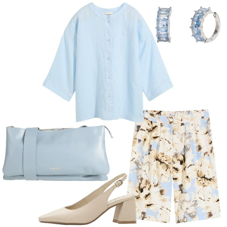 Outfit donna - Bermuda in ufficio. Stile Romantica per Ufficio. Abbinamento con décolleté, bluse, bermuda, borse a tracolla, orecchini.