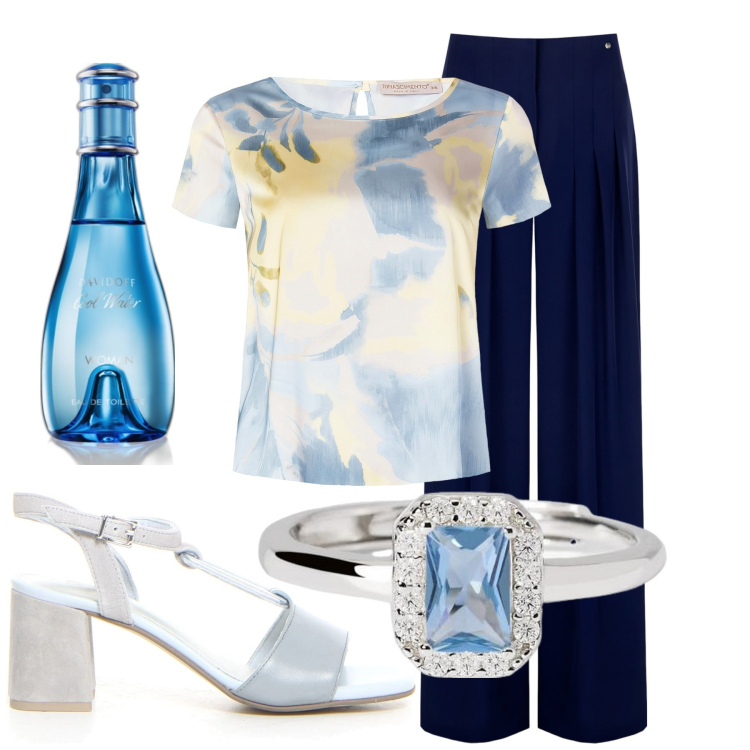 Outfit donna - Rinascimento. Stile Glamour per Ufficio. Abbinamento con profumi, anelli, pantaloni a palazzo, bluse, sandali col tacco.