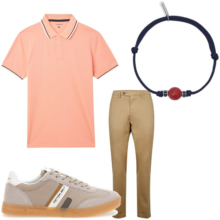 Outfit uomo - Color salmone. Stile Casual per Tutti i giorni. Abbinamento con polo, braccialetti, pantaloni chino, sneakers.