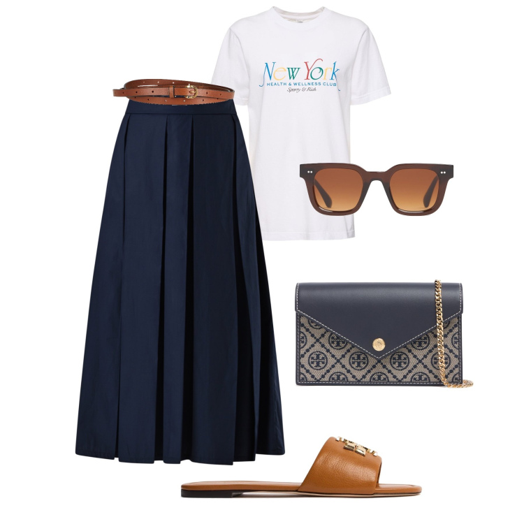 Outfit donna - La gonna midi a ruota. Stile Casual chic per Tutti i giorni. Abbinamento con cinture, gonne longuette, t-shirt, sandali in pelle, occhiali da sole, pochette.