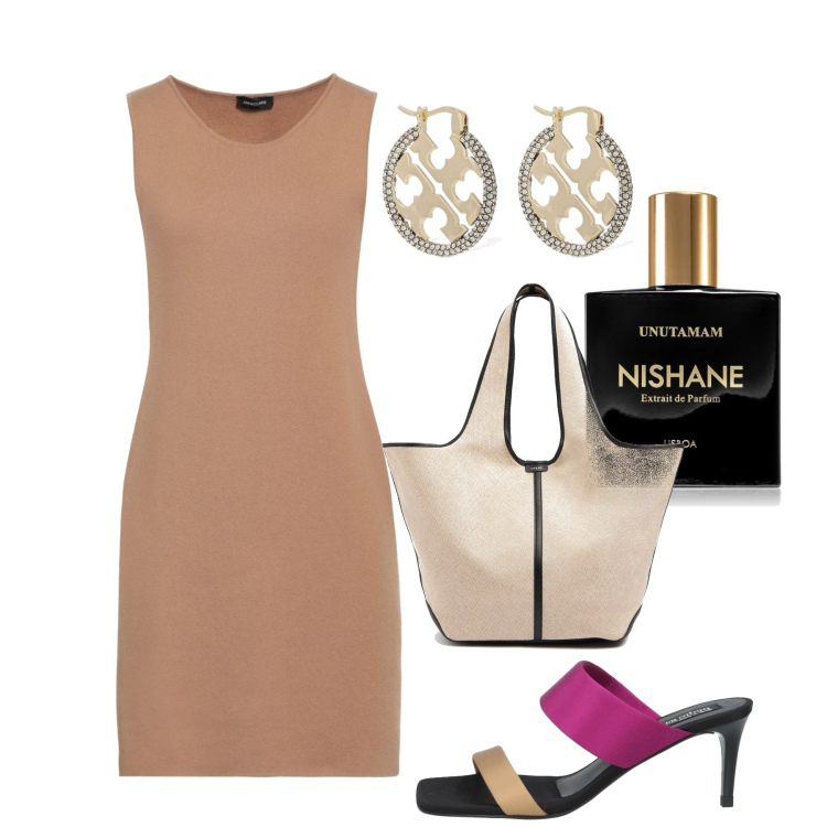 Outfit donna - Miss june. Stile Chic per Tutti i giorni. Abbinamento con vestiti corti, sandali col tacco, profumi, borse tote, orecchini.