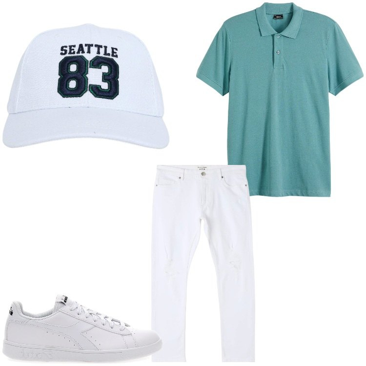 Outfit uomo - Seattle 83. Stile Casual per Tutti i giorni. Abbinamento con polo, jeans strappati, cappelli, sneakers.