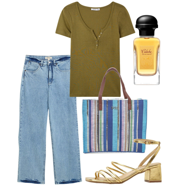 Outfit donna - La shopper melange. Stile Casual per Tutti i giorni. Abbinamento con sandali col tacco, jeans, profumi, t-shirt, shopping bag.