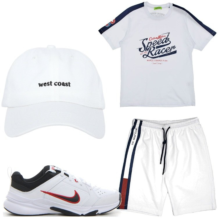Outfit uomo - Sporting. Stile Casual per Sport. Abbinamento con cappelli, t-shirt, pantaloni corti, sneakers.