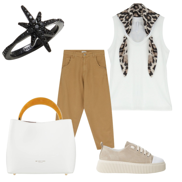 Outfit donna - Un tocco animalier sotto una stella. Stile Sporty chic per Tutti i giorni. Abbinamento con anelli, borse a mano, sneakers, top, jeans.