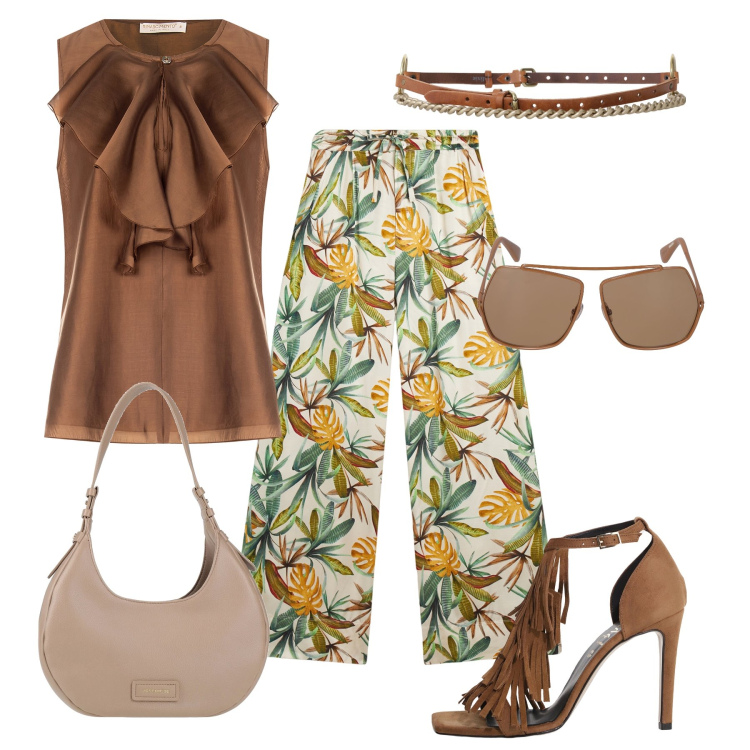 Outfit donna - Foglie e frange. Stile Etnico per Tutti i giorni. Abbinamento con borse a spalla, décolleté, cinture, bluse, pantaloni culotte, occhiali da sole.
