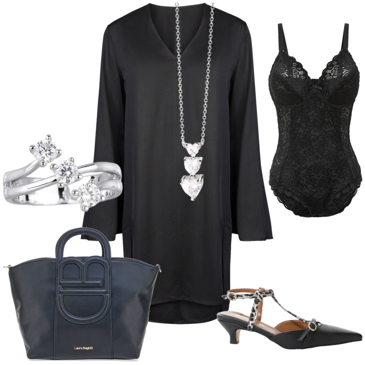 Outfit donna - Aria fresca in ufficio. Stile Bon Ton per Ufficio. Abbinamento con body, anelli, collane, décolleté, vestiti a tubino, borse a tracolla.