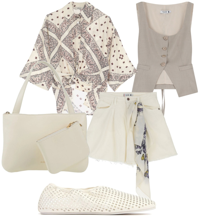 Outfit donna - Shorts da lavoro. Stile Urban per Ufficio. Abbinamento con borse a mano, shorts, gilet, camicie, ballerine.