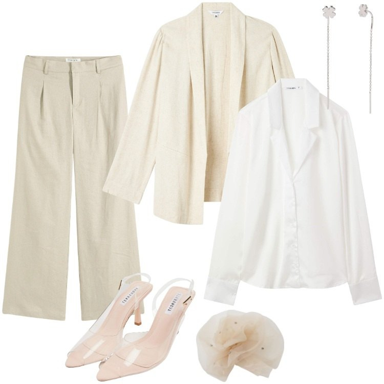 Outfit donna - Total look #2179370. Stile Casual chic per Cerimonia. Abbinamento con pantaloni a palazzo, sandali col tacco, bluse, blazer, orecchini, foulard.