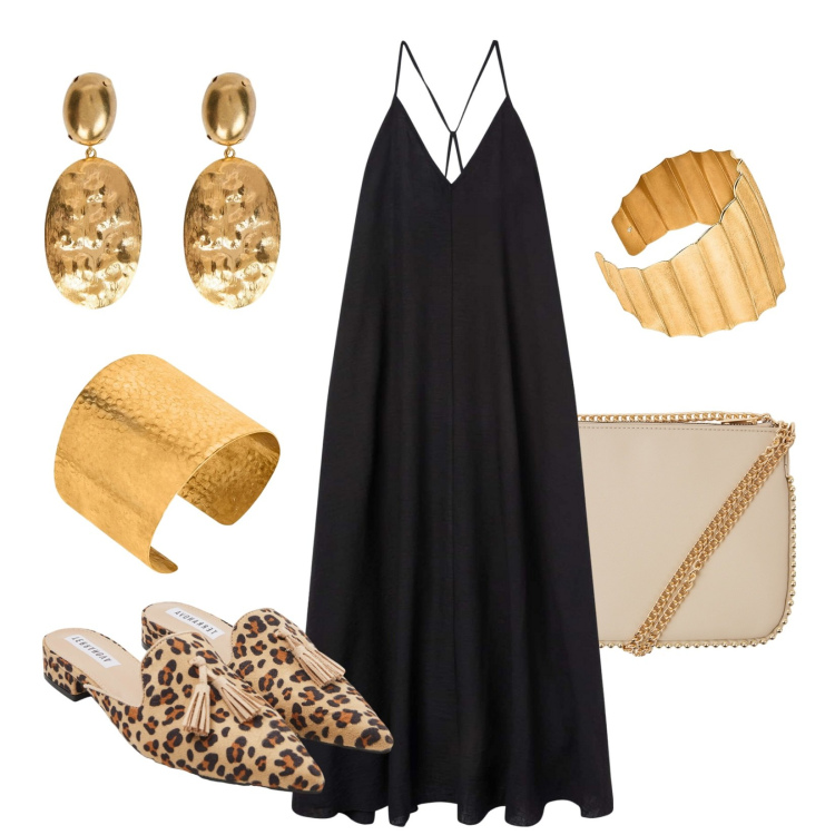Outfit donna - Abito nero passepartout!. Stile Etnico per Serata fuori. Abbinamento con borse a tracolla, sabot, vestiti lunghi, orecchini, braccialetti, braccialetti.
