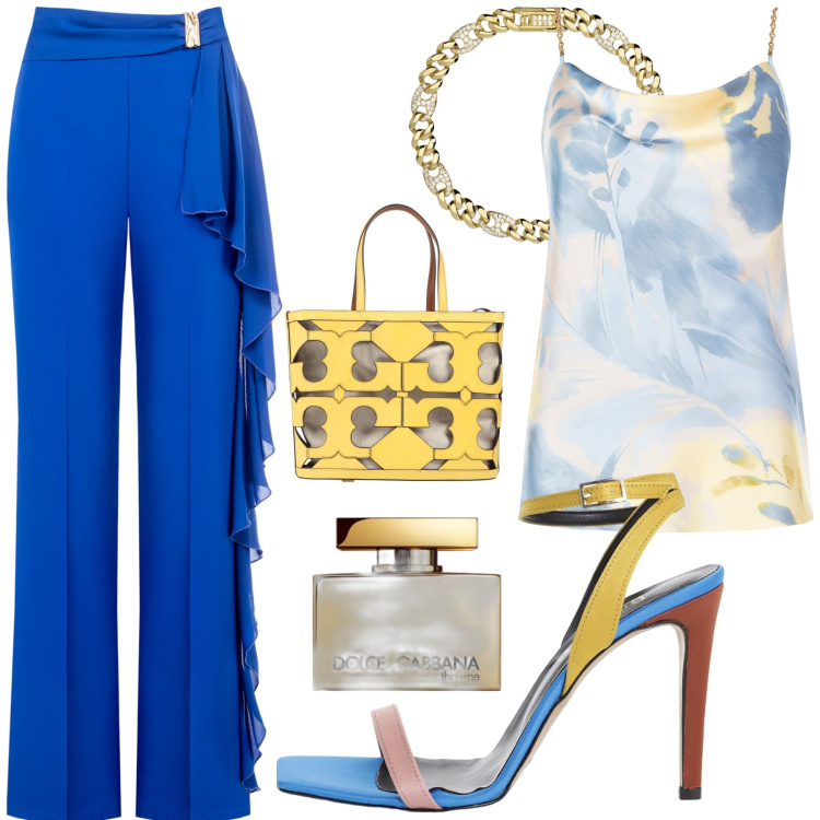 Outfit donna - Bluette. Stile Chic per Serata fuori. Abbinamento con borse a mano, profumi, braccialetti, pantaloni, top, sandali col tacco.
