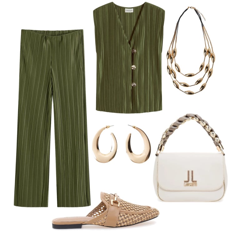 Outfit donna - Completo plissé a cena. Stile Glamour per Serata fuori. Abbinamento con pantaloni, top, orecchini, sabot, borse a tracolla, collane.