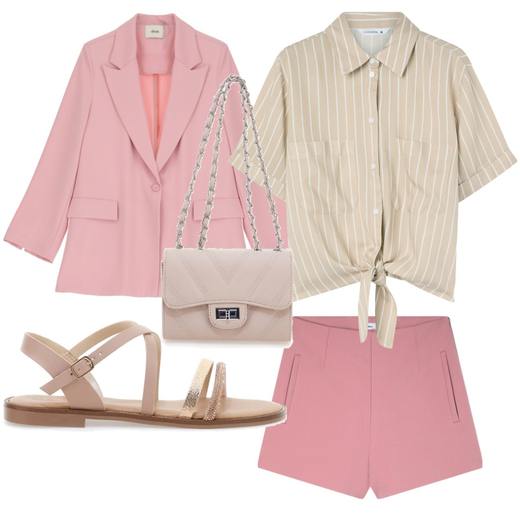 Outfit donna - Completo rosa camelia. Stile Minimal per Serata fuori. Abbinamento con camicie a manica corta, shorts, blazer, sandali, borse a tracolla.