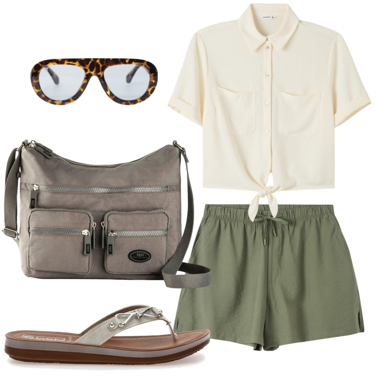Outfit donna - La borsa sportiva. Stile Minimal per Tutti i giorni. Abbinamento con borse a tracolla, bermuda, camicie a manica corta, occhiali da sole, infradito.