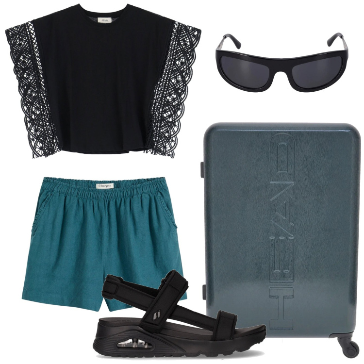 Outfit donna - Vacanze estive. Stile Minimal per Tutti i giorni. Abbinamento con shorts, t-shirt, sandali, occhiali da sole, valigie.