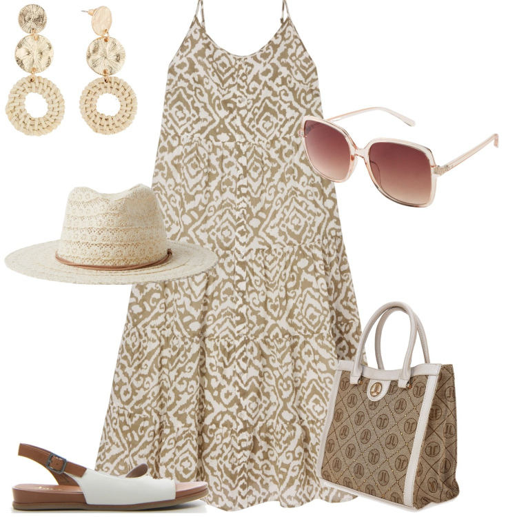 Outfit donna - Total look #2179406. Stile Etnico per Mare. Abbinamento con occhiali da sole, orecchini, vestiti lunghi, cappelli, sandali, borse a spalla.