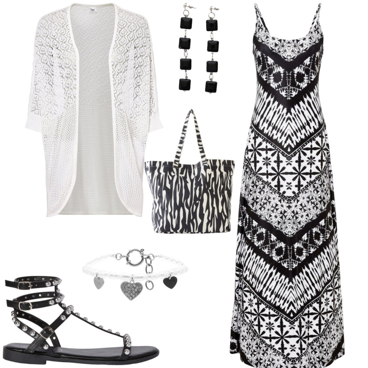 Outfit donna - Serata al mare. Stile Etnico per Serata fuori. Abbinamento con cardigans, vestiti lunghi, shopping bag, sandali, braccialetti, orecchini.