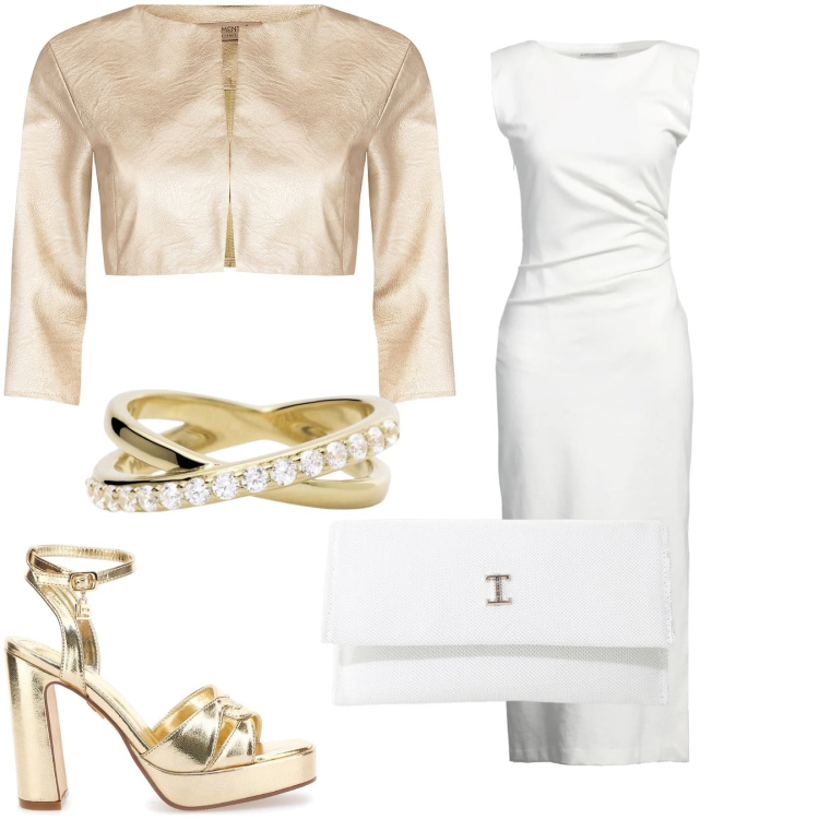 Outfit donna - White and gold. Stile Glamour per Serata fuori. Abbinamento con vestiti midi/longuette, anelli, bolero, borse a tracolla, sandali col tacco.