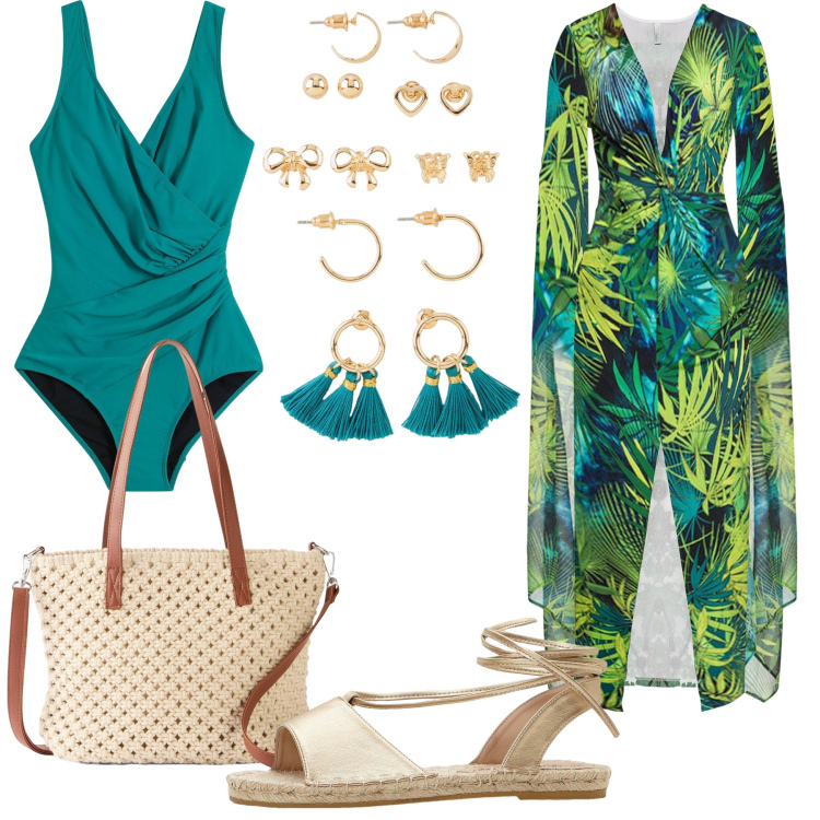 Outfit donna - Tropical. Stile Etnico per Mare. Abbinamento con borse a mano, costumi interi, vestiti, sandali, orecchini.