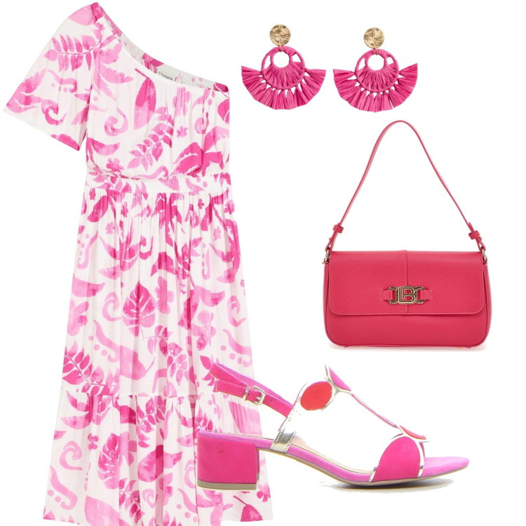Outfit donna - Passeggiata al tramonto. Stile Casual chic per Tutti i giorni. Abbinamento con orecchini, vestiti asimmetrici, borse a spalla, sandali col tacco.