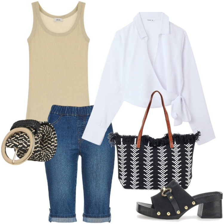 Outfit donna - Total look #2179431. Stile Casual per Tutti i giorni. Abbinamento con bermuda, camicie, cinture, canottiere, zoccoli, borse a spalla.