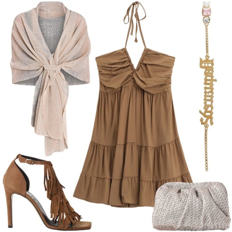 Outfit donna - Evento serale all\' aperto. Stile Boho per Cerimonia. Abbinamento con orecchini, stole, clutch, vestiti corti, décolleté.