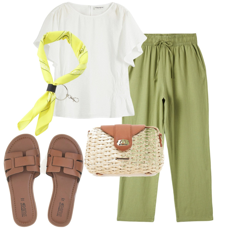 Outfit donna - La cesta in midollino. Stile Chic per Tutti i giorni. Abbinamento con bluse, pantaloni, foulard, borse a tracolla, ciabatte.