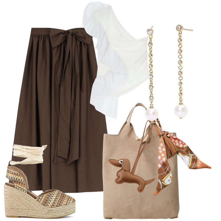 Outfit donna - Senza schemi. Stile Boho per Tutti i giorni. Abbinamento con orecchini, top, gonne lunghe, portachiavi, shopping bag, zeppe.