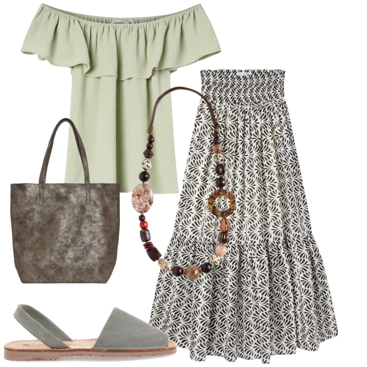 Outfit donna - Figlia dei fiori. Stile 70s per Tutti i giorni. Abbinamento con gonne lunghe, bluse, borse tote, sandali in pelle, collane.