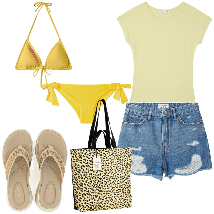 Outfit donna - Profumo di salsedine. Stile Basic per Mare. Abbinamento con t-shirt, bikini, shorts, bikini, borse tote, infradito.