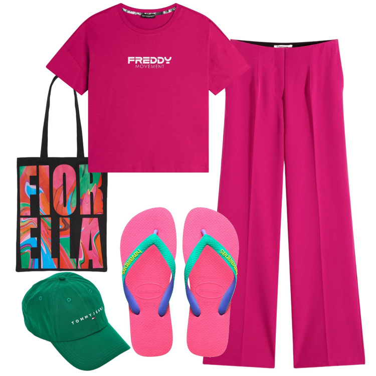 Outfit donna - Fiorella. Stile Casual chic per Tutti i giorni. Abbinamento con pantaloni, t-shirt, ciabatte, borse tote, cappelli.