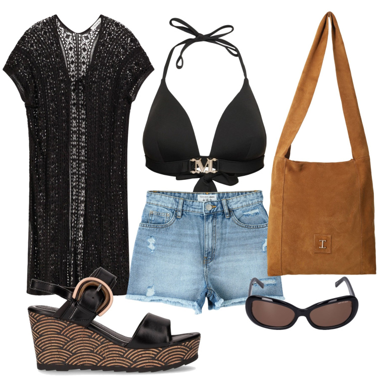 Outfit donna - Bella d\'estate...io vado al mare. Stile Casual chic per Mare. Abbinamento con vestiti da spiaggia, shorts, borse a tracolla, bikini, occhiali da sole, sandali col tacco.