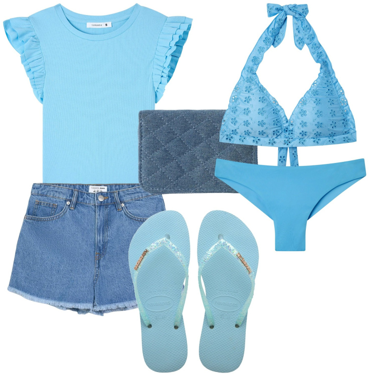 Outfit donna - Bikini in sangallo. Stile Basic per Mare. Abbinamento con t-shirt, portafogli, shorts, bikini, bikini, infradito.
