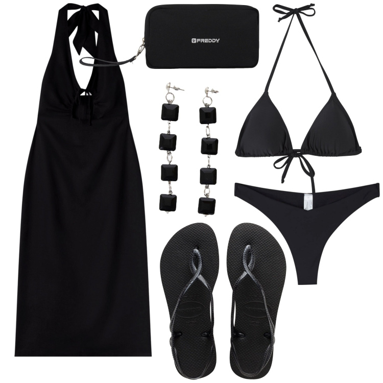 Outfit donna - Festa in spiaggia. Stile Glamour per Mare. Abbinamento con vestiti lunghi, bikini, bikini, valigie, orecchini, ciabatte.