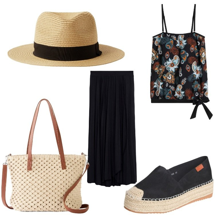 Outfit donna - Romantica. Stile Boho per Tutti i giorni. Abbinamento con top, borse a mano, gonne lunghe, espadrillas, cappelli.