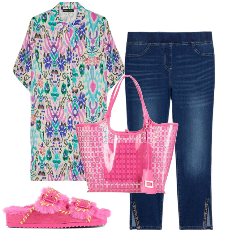 Outfit donna - Curvy con brio. Stile Casual chic per Tutti i giorni. Abbinamento con borse a mano, camicie, jeggings, ciabatte.