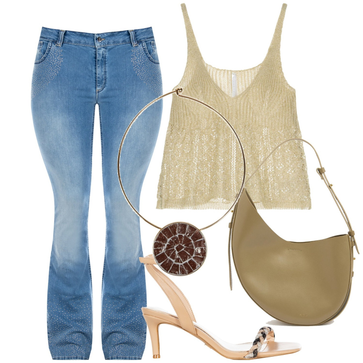 Outfit donna - Curvy con brio. Stile Chic per Serata fuori. Abbinamento con collane, top, sandali in pelle, jeans a zampa, borse a spalla.