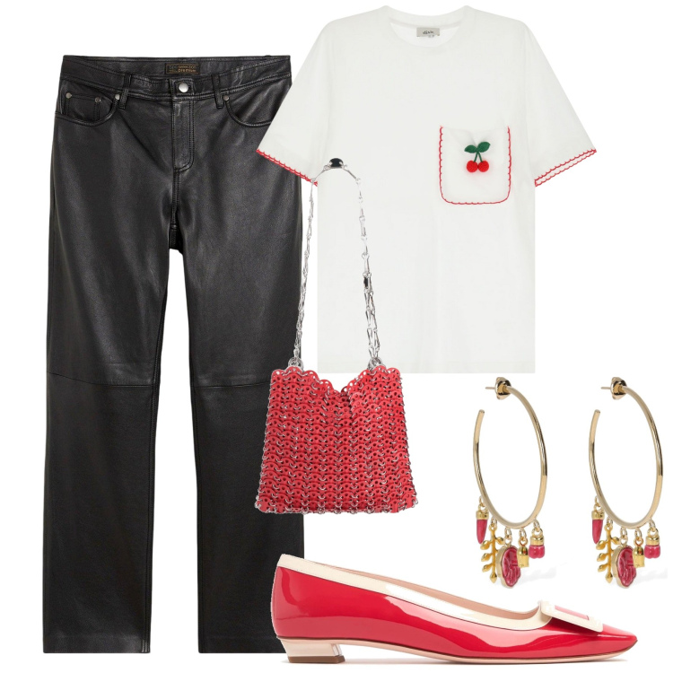 Outfit donna - Tempo di ciliegie. Stile Chic per Tutti i giorni. Abbinamento con pantaloni, borse a spalla, t-shirt, ballerine, orecchini.