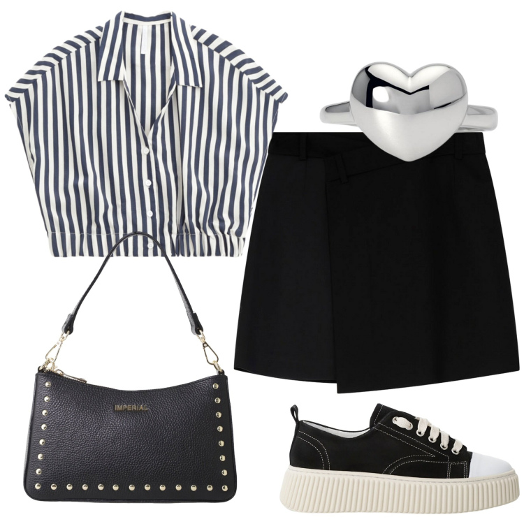 Outfit donna - Righe sbarazzine. Stile Casual per Tutti i giorni. Abbinamento con anelli, camicie a manica corta, sneakers, minigonne, borse a spalla.