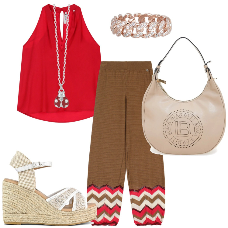 Outfit donna - Rosso marrone easy. Stile Casual per Tutti i giorni. Abbinamento con anelli, collane, pantaloni, top, zeppe, borse a spalla.
