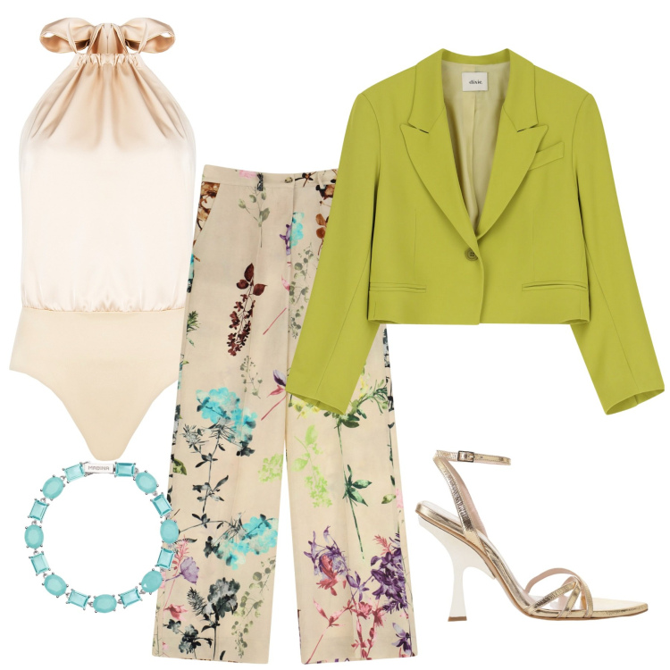 Outfit donna - Cerimonia. Stile Glamour per Cerimonia. Abbinamento con braccialetti, body, sandali col tacco, pantaloni a palazzo, blazer.
