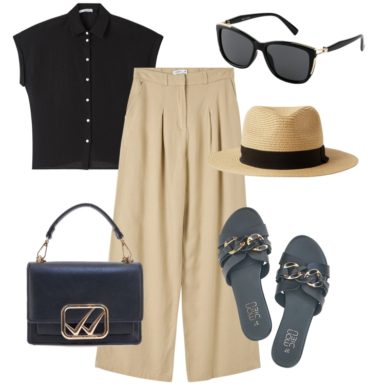 Outfit donna - Fresca e glam in lino. Stile Sporty chic per Tutti i giorni. Abbinamento con occhiali da sole, pantaloni, camicie a manica corta, cappelli, ciabatte, borse a tracolla.