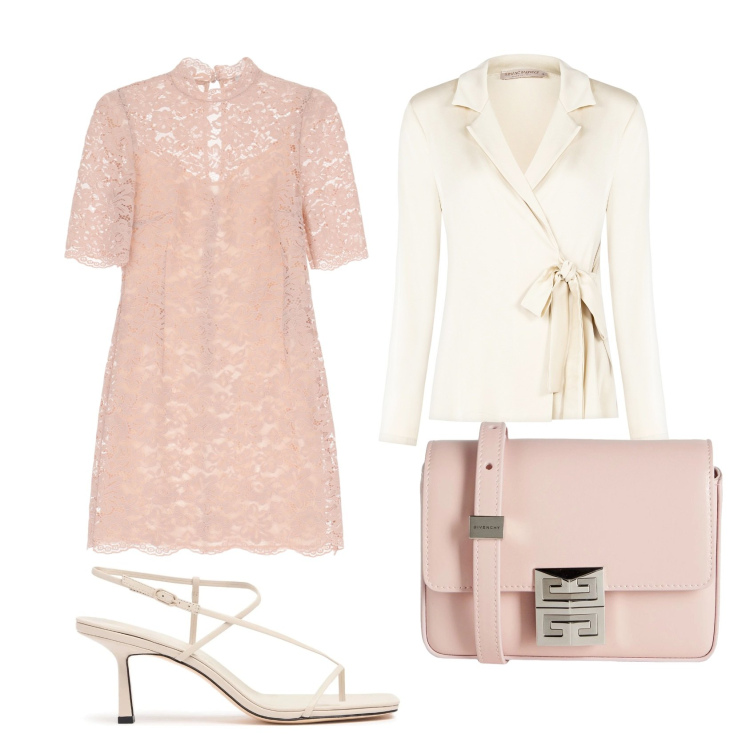 Outfit donna - L\'eleganza del pizzo. Stile Casual chic per Cerimonia. Abbinamento con borse a tracolla, blazer, vestiti corti, sandali in pelle.